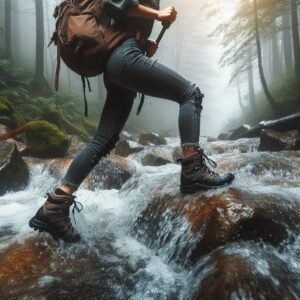 A female hiker wearing ankle-support hiking boots or hiking shoes crossing a rocky stream, water splashing, misty forest background, action shot, National Geographic style