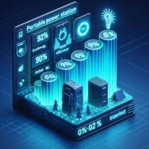 3D animated comparison chart: EcoFlow (92%), Jackery (98%), and Anker (90%) portable power station efficiency ratings for camping, displayed in holographic blue tech style with tent and gear icons
