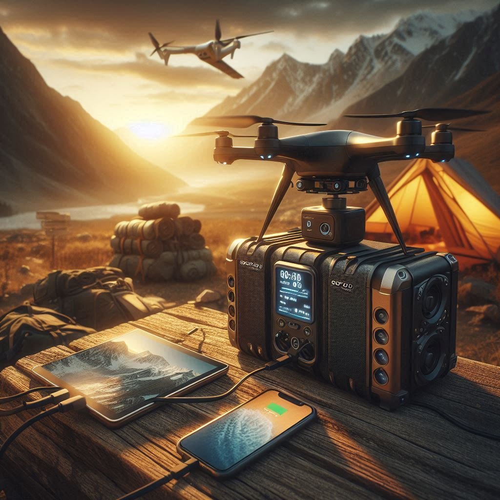 EcoFlow Delta 3 Plus portable power station charging gear during mountain camping at golden hour