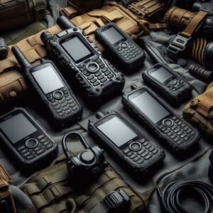 Professional satellite phones and communication devices arranged for survival equipment comparison