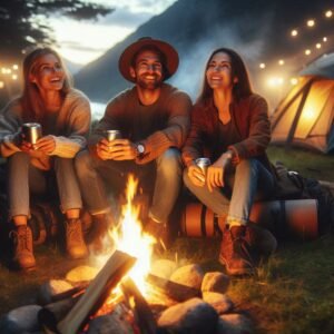 Happy campers enjoying evening around campfire with quality camping essentials and gear visible, successful camping trip, warm community atmosphere, inspiring outdoor lifestyle photography