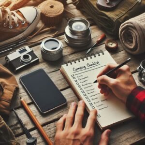 Camping essentials checklist being written at picnic table with gear items visible in background, organized camping preparation, outdoor planning scene, lifestyle photography