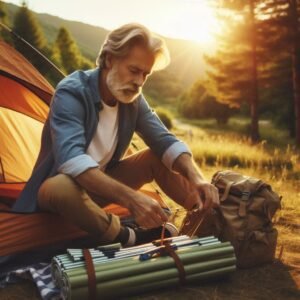 Experienced camper demonstrating proper tent setup technique, educational camping scene, instructional outdoor photography, golden hour lighting