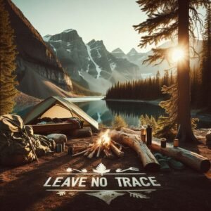 Leave No Trace camping scene with eco-friendly gear, pristine wilderness setting, sustainable camping practices, nature conservation theme, clean environmental photography