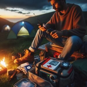 Camper checking weather radio and first aid kit at twilight campsite, safety-focused camping essentials scene, responsible outdoor recreation, atmospheric lighting, professional outdoor photography