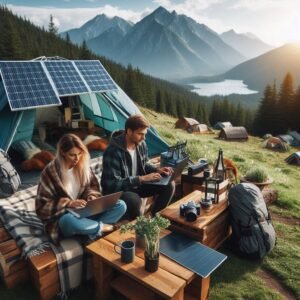 Modern campers using laptops at a scenic campsite with solar panels and eco-friendly gear, digital nomad camping setup, mountain vista, contemporary outdoor lifestyle photography