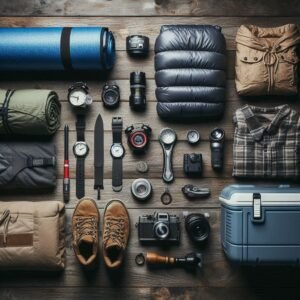 Flat lay of camping essentails under $100 arranged aesthetically on wooden background, sleeping bag, headlamp, cooler, tent, organized product photography, clean minimalist style