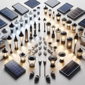 Side-by-side comparison of different solar garden light types, clean white background, professional product photography, various styles including pathway, string, spotlight, and decorative lights, studio lighting