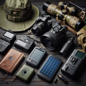 Complete cryptid hunting gear kit including trail camera, thermal scope, GPS and field equipment for Sasquatch research