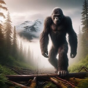 Bigfoot Sasquatch creature walking through Pacific Northwest forest showing typical avoidant behavior patterns as part of the outdoor tech lab cryptid hunting guide