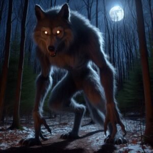 Dogman cryptid with wolf-like features standing bipedal in Michigan forest showing territorial behavior