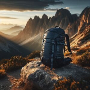 Modern lightweight day hiking gear checklist backpack 25L capacity, navy blue color, sitting on rocky mountain trail with scenic mountain vista in background, golden hour lighting, professional outdoor gear photography