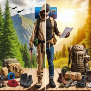 Split image showing prepared hiker with complete day hiking gear checklist vs unprepared hiker with minimal gear, outdoor safety education, hiking preparedness comparison