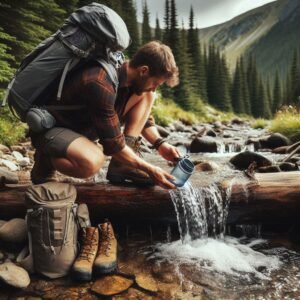 Hiker testing water filter at mountain stream, filling water bottle, backpack and hiking boots nearby, wilderness camping scene, natural outdoor lighting, adventure lifestyle part of the day hiking gear checklist review