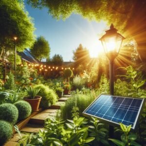 Solar garden lights in eco-friendly garden setting, solar panels visible, green plants, blue sky, renewable energy concept, sustainable living aesthetic, bright natural lighting, environmental photography