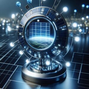Futuristic solar garden lights with visible solar panels and LED arrays, high-tech design, glowing blue and white lights, modern minimalist garden setting, sci-fi aesthetic, ultra-detailed, professional product photography