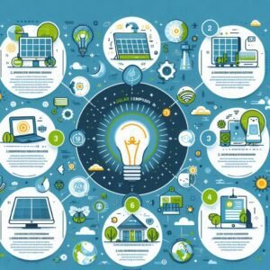 Infographic-style illustration answering common solar light questions, icons and text elements, clean design, helpful visual explanations, modern graphic design style, blue and green color scheme