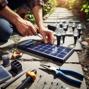 Step-by-step solar light installation process, hands placing solar garden lights along stone pathway, tools and equipment visible, bright daylight, instructional photography style, clear and detailed.