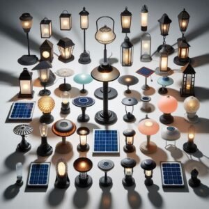 Grid layout of top-selling solar garden lights on clean white background, professional product photography, various popular models arranged in organized display, studio lighting, e-commerce style