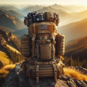 Large tactical hiking backpack fully loaded with gear, standing upright on mountain summit, American wilderness panorama behind, golden hour lighting, all zippers and compartments visible, adventure gear photography style