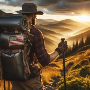 A rugged American hiker on a mountain trail at golden hour, holding premium carbon fiber trekking poles, with a weathered American flag patch on their backpack, misty Appalachian mountains in background, cinematic lighting, professional outdoor photography style, 4K quality of made in the USA gear