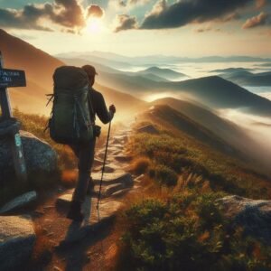 Lone hiker with premium American-made gear traversing iconic American trail (Appalachian Trail marker visible), dramatic mountain landscape, early morning mist, inspirational outdoor adventure photography, wide landscape shot