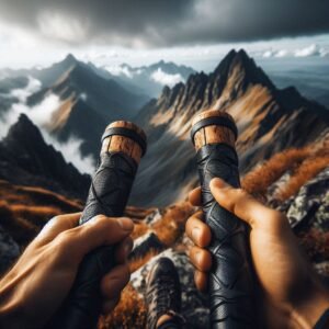 Close-up of hands gripping premium made in the USA carbon fiber trekking poles with cork handles, hiking through rocky mountain terrain, selective focus on pole details, dramatic mountain vista blurred in background, adventure photography style