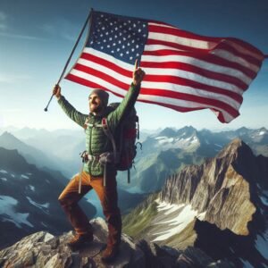 Happy hiker at mountain summit holding American flag, wearing/using all the recommended gear from the article, triumphant pose, epic mountain vista, successful adventure photography, inspirational mood