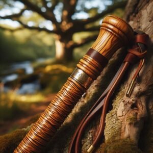 Close-up of beautifully crafted made in the USA hickory wood hiking staff with brass nameplate and leather grip, leaning against old oak tree, dappled forest light, artisan craftsmanship visible in wood grain, traditional woodworking photography style