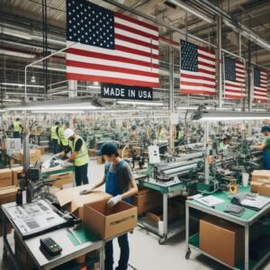 Modern American factory floor with workers assembling premium outdoor gear, American flags visible, clean industrial setting, workers wearing safety gear, "Made in the USA" signs prominent, industrial photography style, bright lighting