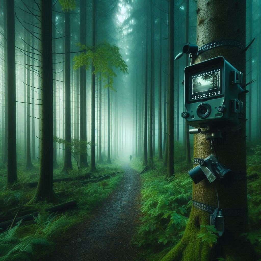 Dogman sightings Michigan trail with modern surveillance equipment in Manistee National Forest at dusk
