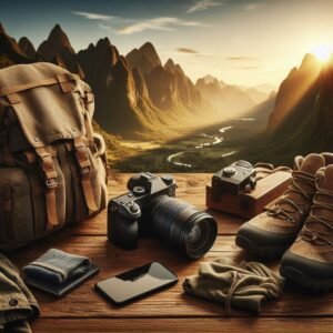 Epic outdoor gear 2025 adventure scene with modern hiking gear laid out on a wooden table, mountain landscape background, golden hour lighting, professional product photography style, ultra-detailed, 4K quality, cinematic composition