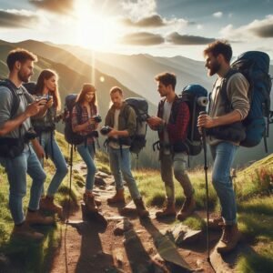Group of hikers using modern outdoor gear 2025 on scenic mountain trail, diverse group, natural lighting, authentic outdoor adventure photography, high resolution, inspiring composition