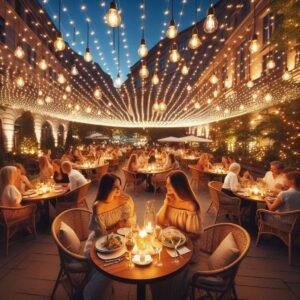 Solar string lights creating magical overhead canopy above outdoor dining area, Edison bulb style LEDs, people enjoying dinner below, warm golden lighting, cozy bistro atmosphere, evening party scene