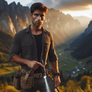 Outdoor enthusiast carrying tactical defense equipment including LED flashlight during mountain wilderness adventure
