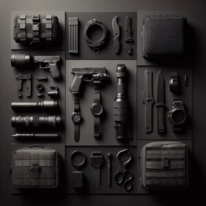 Organized tactical defense equipment layout demonstrating emergency preparedness and personal defense strategy planning