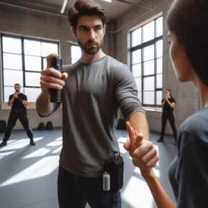Professional self-defense instructor demonstrating proper pepper spray technique and tactical equipment usage