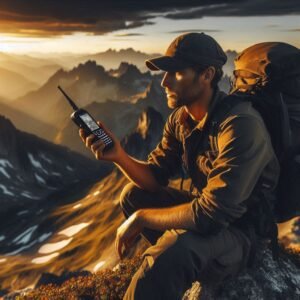 Professional hiker using satellite phones on mountain peak, dramatic North American wilderness landscape, golden hour lighting, cinematic composition, high quality photography