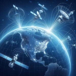 Satellite phones signal beams connecting to orbiting satellites above North America, technical illustration, blue and white color scheme, clean modern design