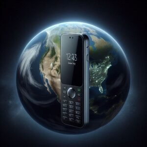 Modern satellite phone floating in space above North America continent, sleek product photography, dramatic lighting, space background with Earth visible