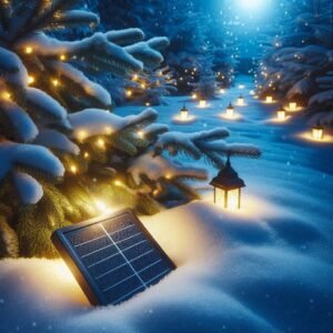Solar garden lights functioning in winter snow scene, lights glowing warmly against white snow, evergreen trees, demonstrating cold weather reliability, peaceful winter evening, blue hour lighting
