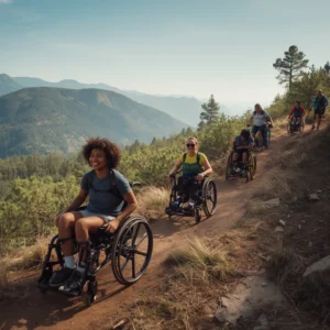 Adaptive hiking gear tested by disabled hikers on mountain trail in wheelchairs having fun- complete guide 2025
