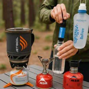 Using the best outdoor gear 2025 to prepare a meal and filter water, showing Jetboil and MSR stoves, and Sawyer and Katadyn filters.