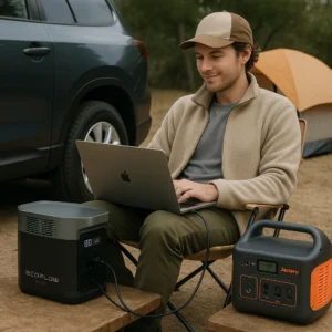 A camper using the best outdoor gear 2025 to power electronics at a campsite, showing the EcoFlow and Jackery power stations.