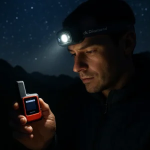 A person using the best outdoor gear for safety and navigation, featuring the Garmin inReach Mini 2 and Black Diamond headlamp.