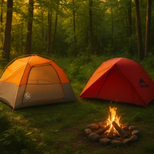 Comparison of two of the best outdoor gear 2025 tents, a Big Agnes and an MSR, in a forest.