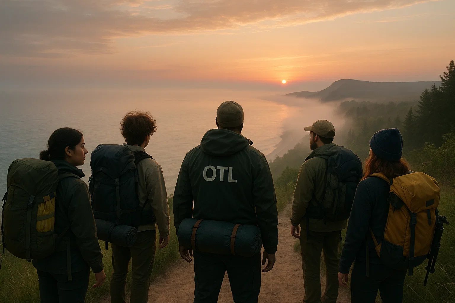 A group of Outdoor Tech Lab testers with backpacks, ready to explore the best outdoor gear 2025 at sunrise overlooking a misty Lake Michigan.