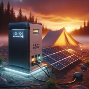 EcoFlow Delta 2 portable power station charging from solar panels at a campsite, powering a tent at sunset