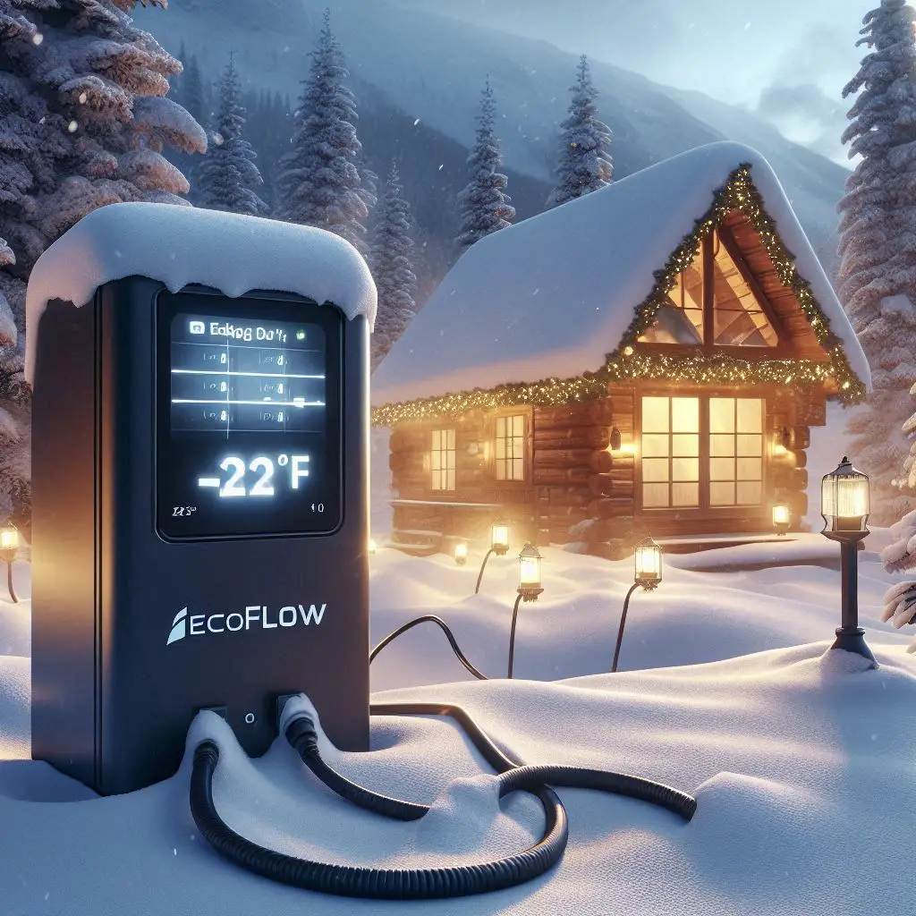 EcoFlow Delta 2 portable power station review shows it operating in extreme cold weather conditions at -10°F, powering outdoor cabin lights in winter