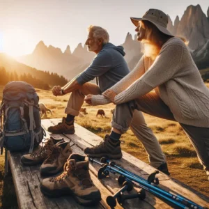 Pre-hike routine with senior hiking gear - boots, poles, and accessories for safety